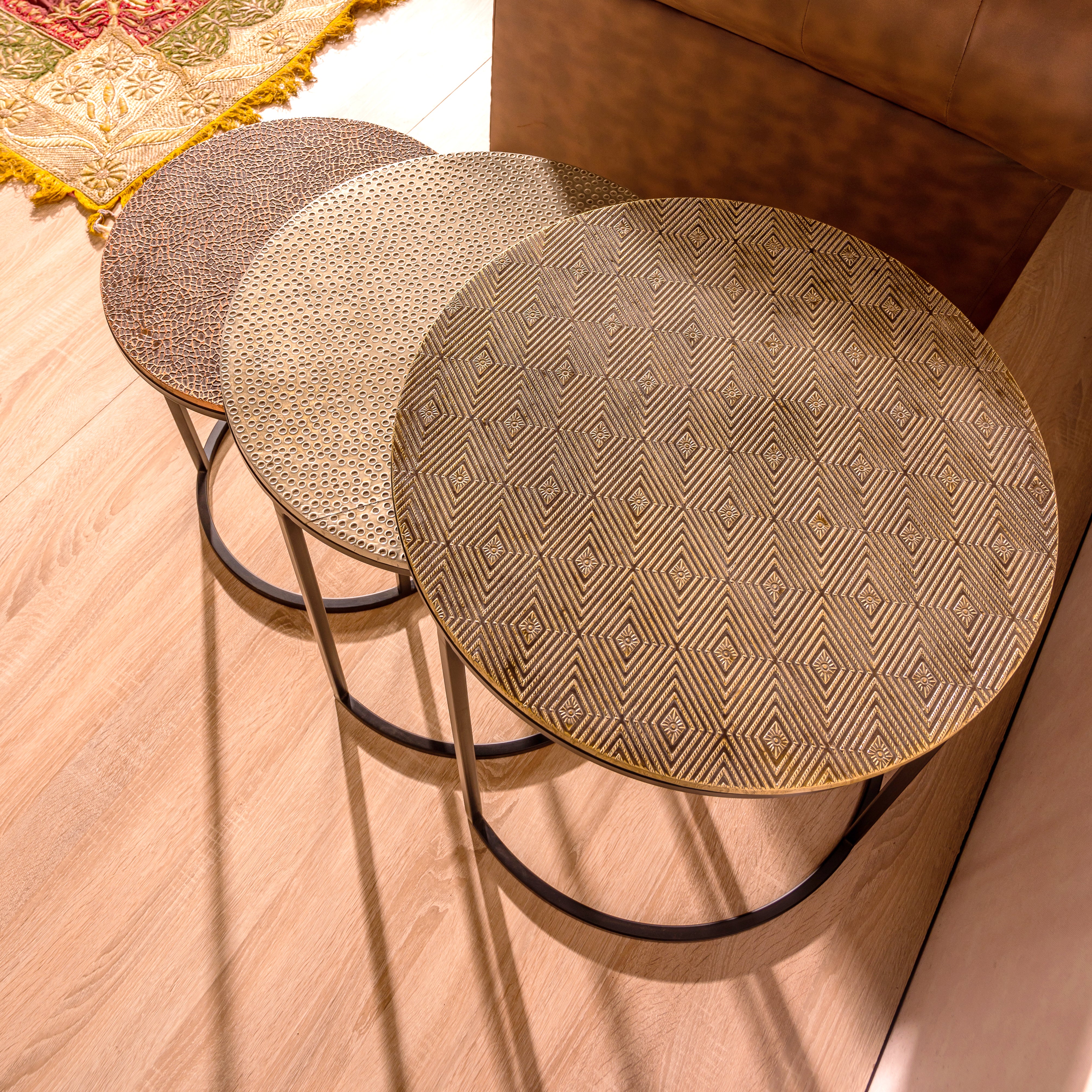 Industrial Nesting Round Side Tables with Hammered Metallic Tops (Set of 3)