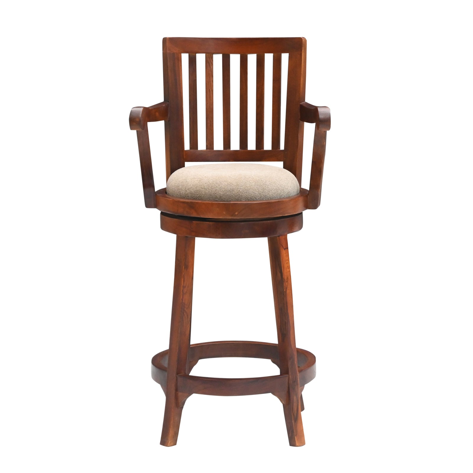 Wooden Bar Stool with Arms & Upholstered Seat – Brown