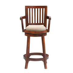 Wooden Bar Stool with Arms & Upholstered Seat – Brown