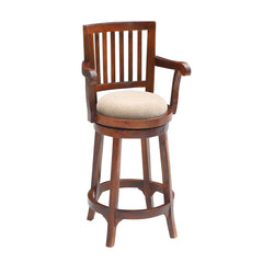 Wooden Bar Stool with Arms & Upholstered Seat – Brown