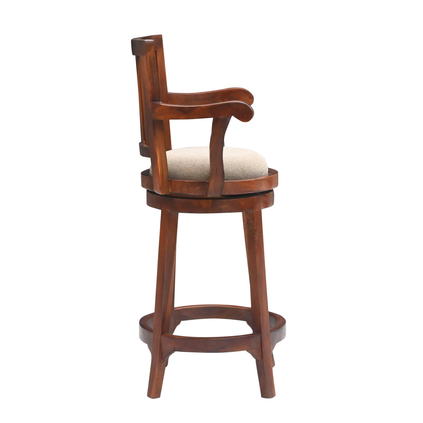 Wooden Bar Stool with Arms & Upholstered Seat – Brown
