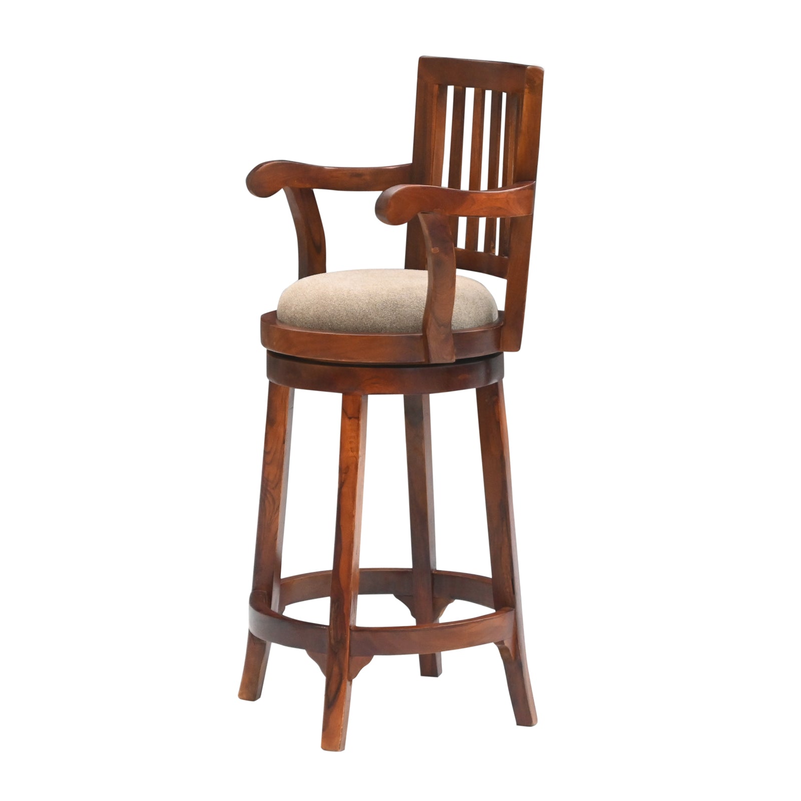 Wooden Bar Stool with Arms & Upholstered Seat – Brown