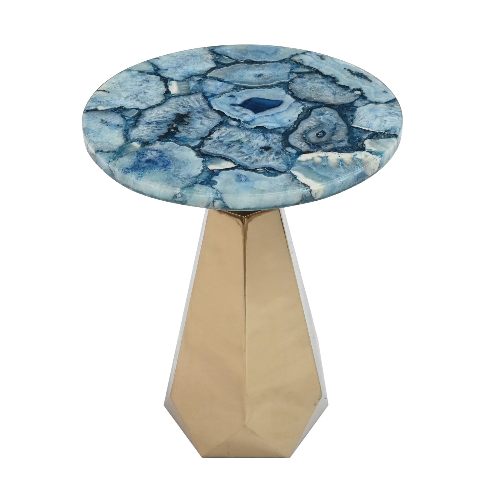 Luxury Grey Quartz Agate Mosaic Round Side  Table with Geometric Polished Gold Base