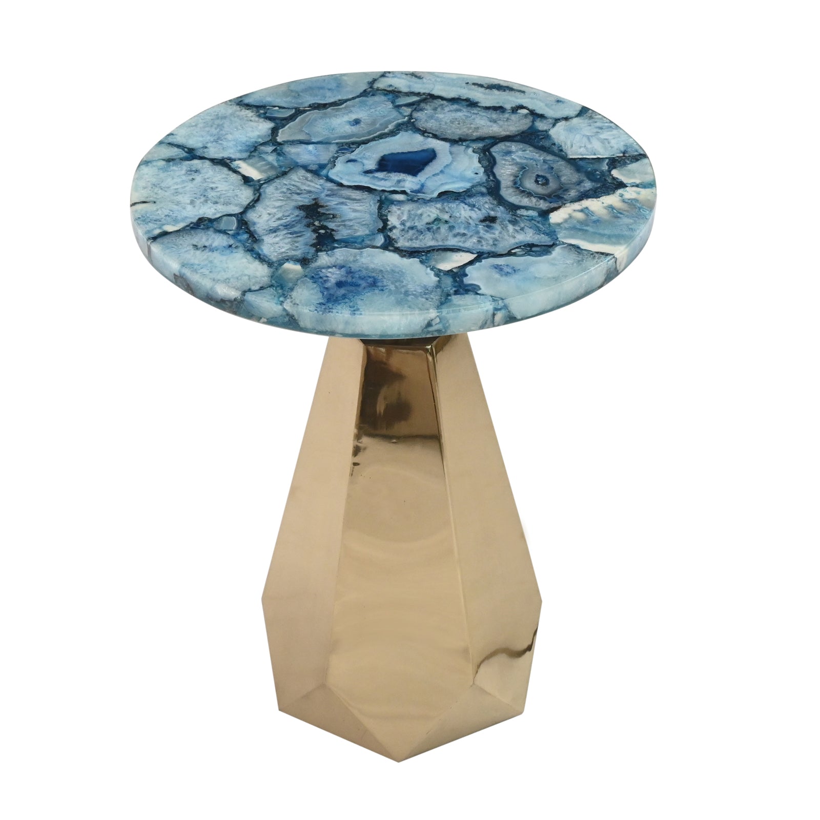 Luxury Grey Quartz Agate Mosaic Round Side  Table with Geometric Polished Gold Base