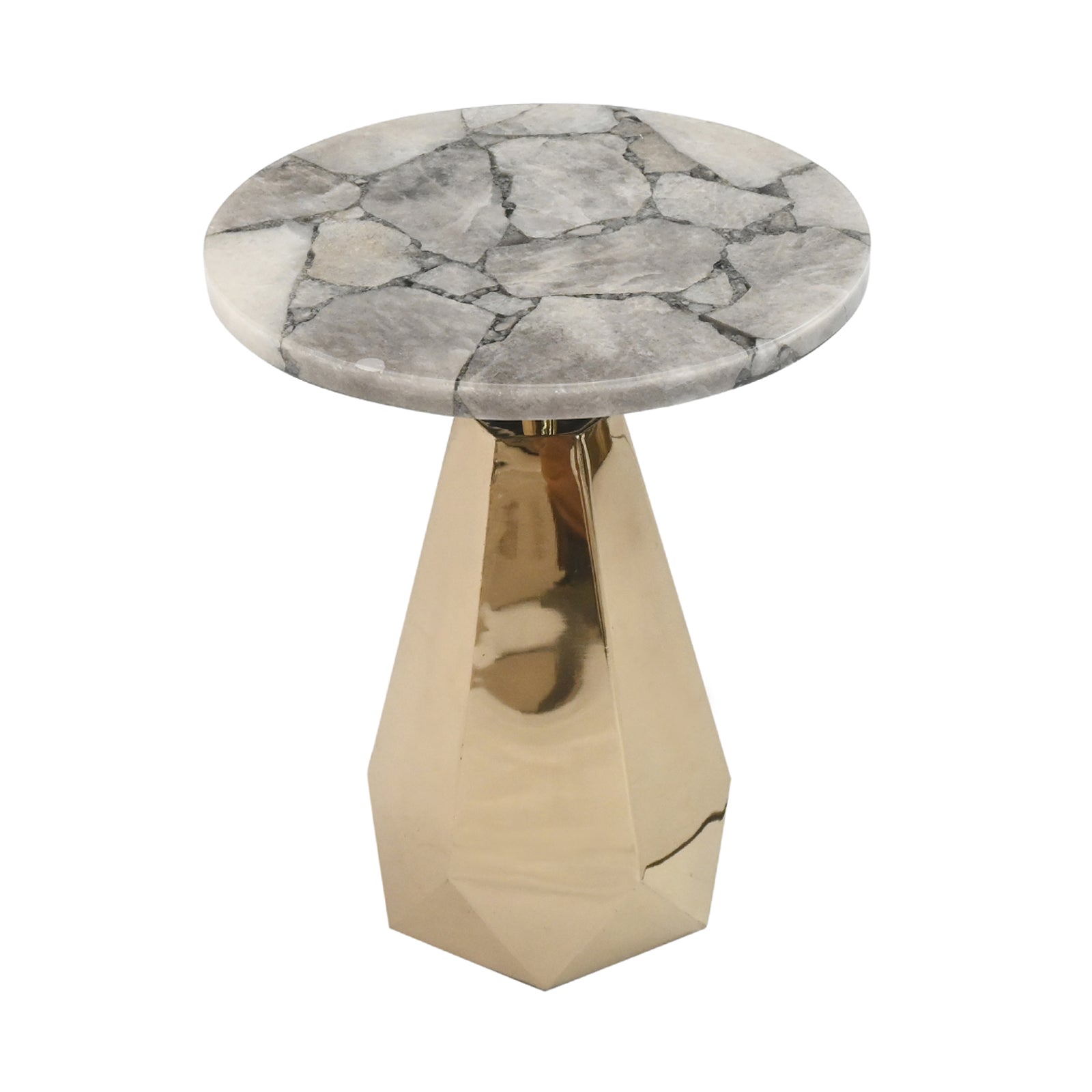 Luxury Grey Quartz Agate Mosaic Round Side  Table with Geometric Polished Gold Base