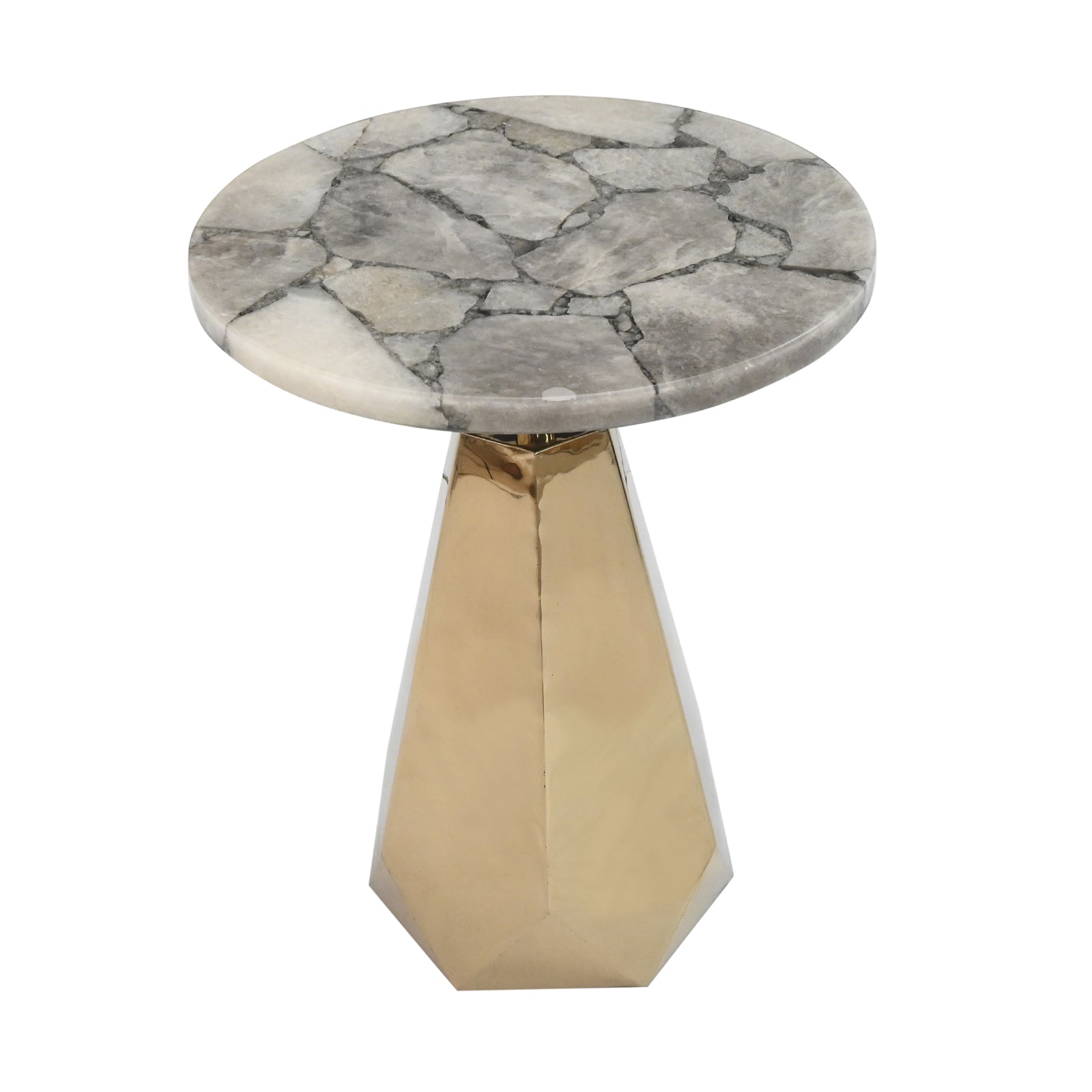 Luxury Grey Quartz Agate Mosaic Round Side  Table with Geometric Polished Gold Base