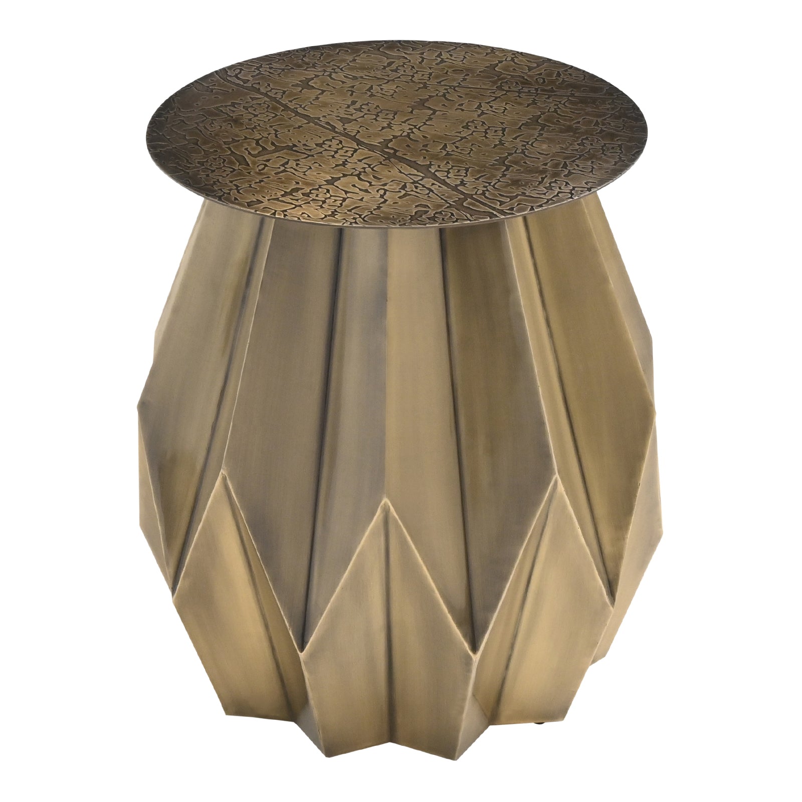 Artisanal Antique Brass Etched Leaf Pattern Round Table Top / Wall Art