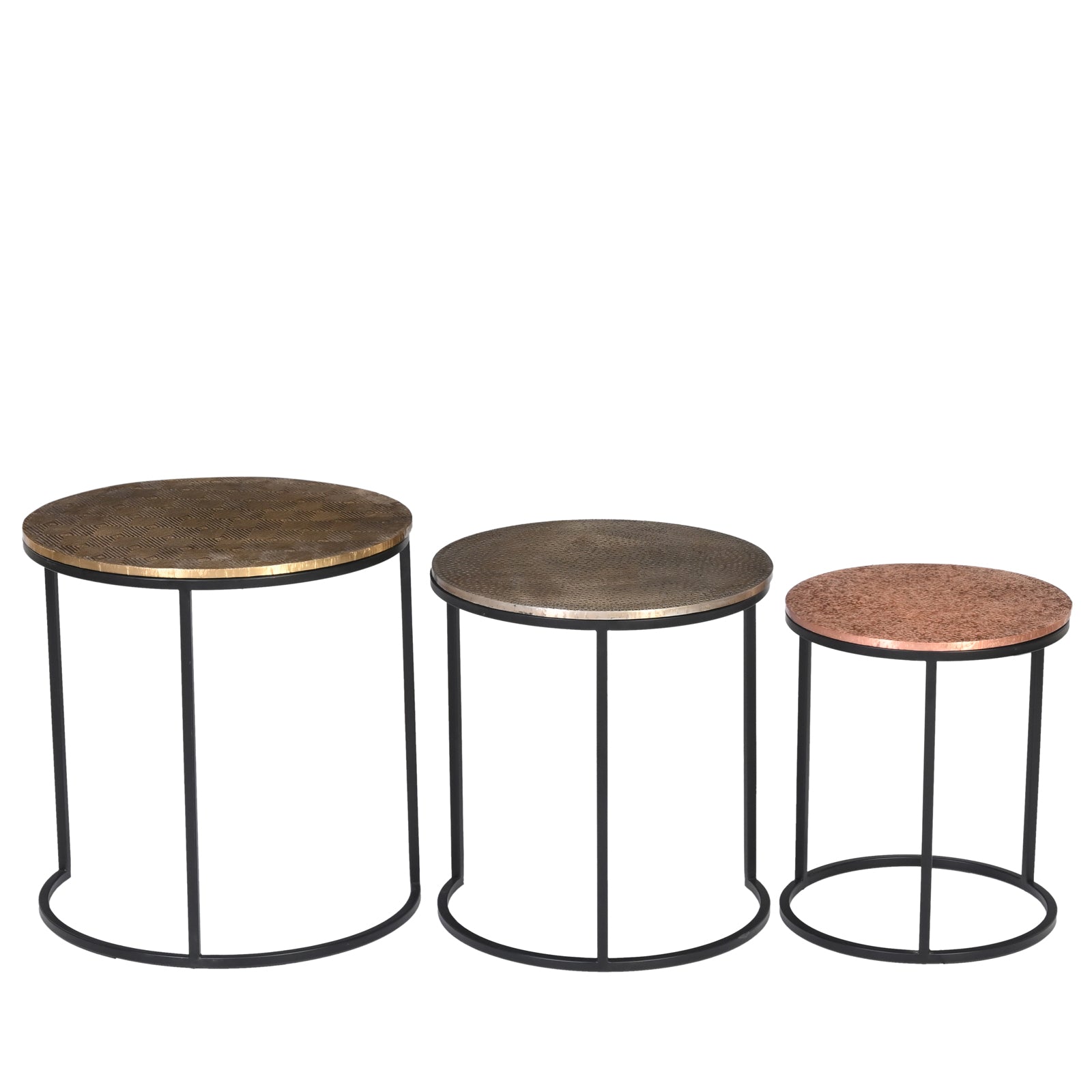 Industrial Nesting Round Side Tables with Hammered Metallic Tops (Set of 3)