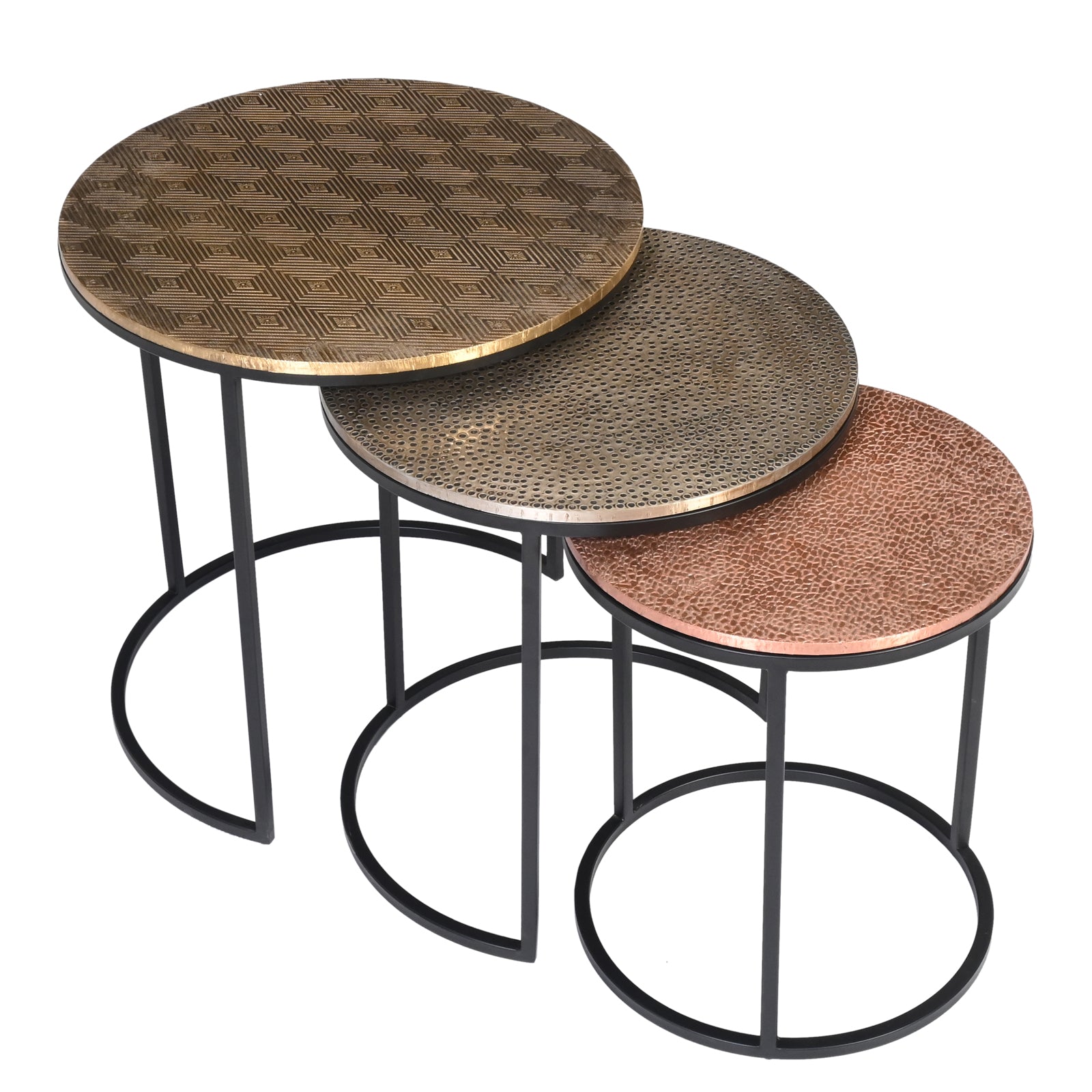Industrial Nesting Round Side Tables with Hammered Metallic Tops (Set of 3)
