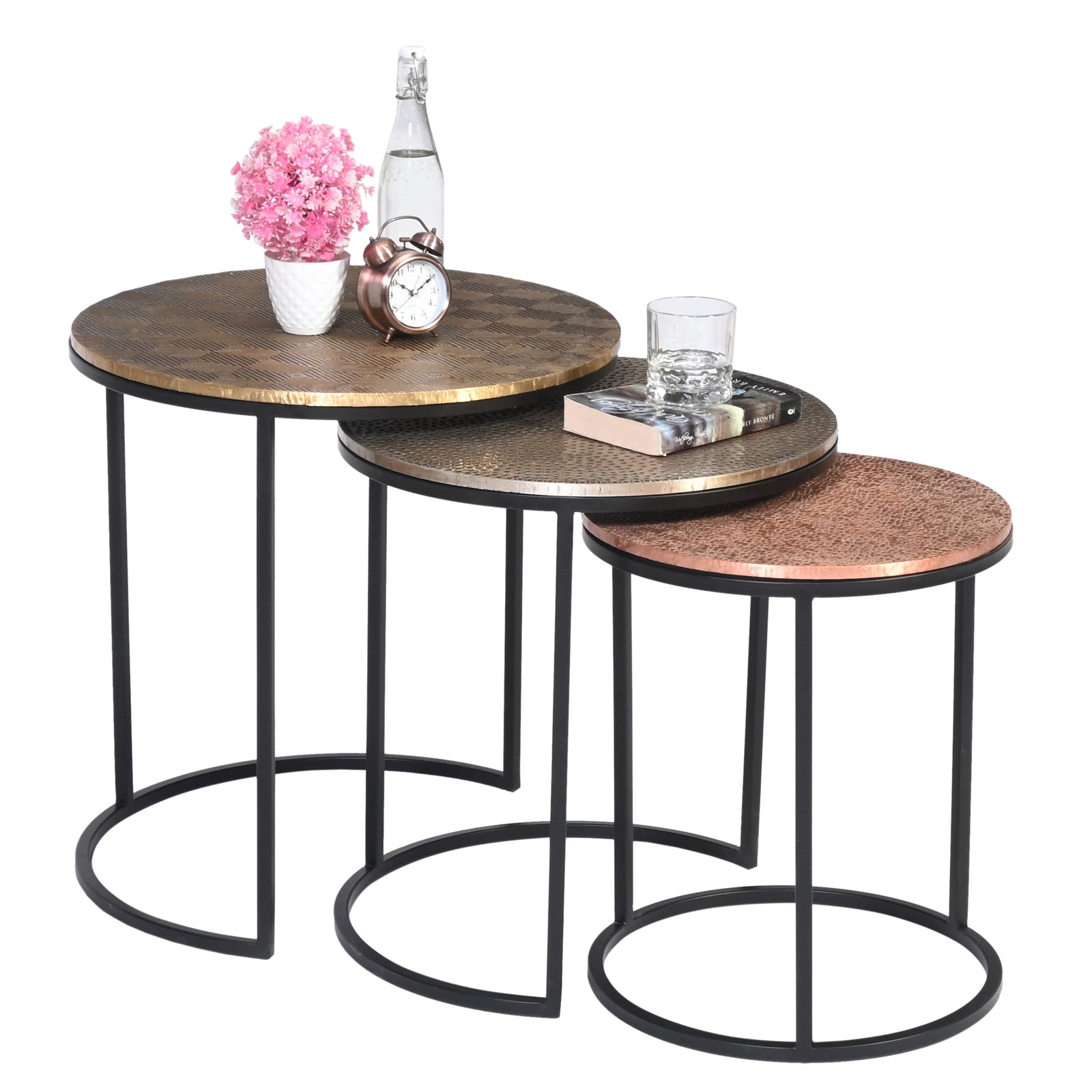 Industrial Nesting Round Side Tables with Hammered Metallic Tops (Set of 3)
