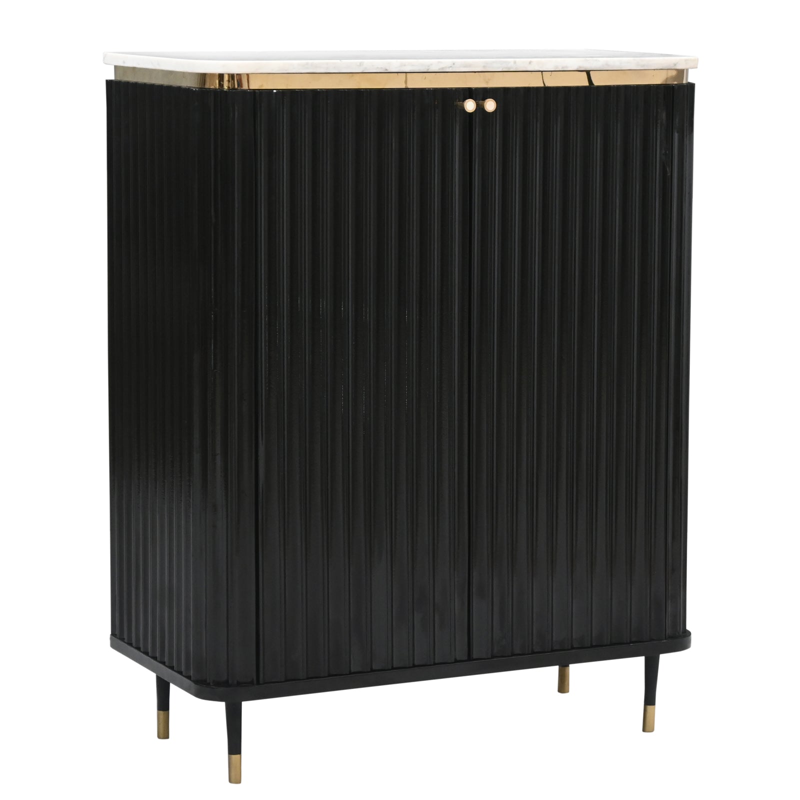 "Modern Black Fluted Cabinet with Marble  Top and Gold Accents"