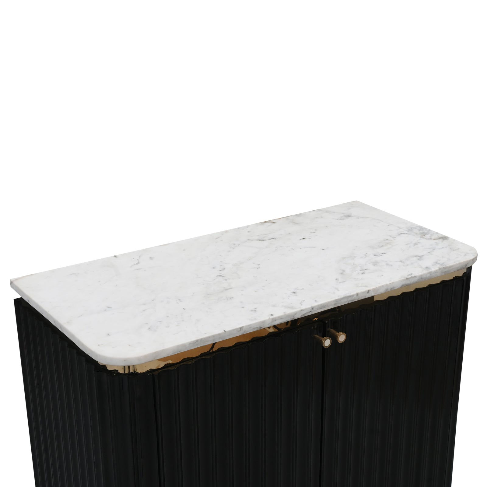 "Modern Black Fluted Cabinet with Marble  Top and Gold Accents"