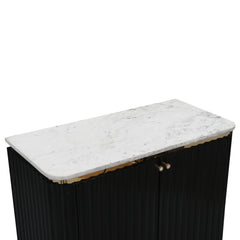 "Modern Black Fluted Cabinet with Marble  Top and Gold Accents"