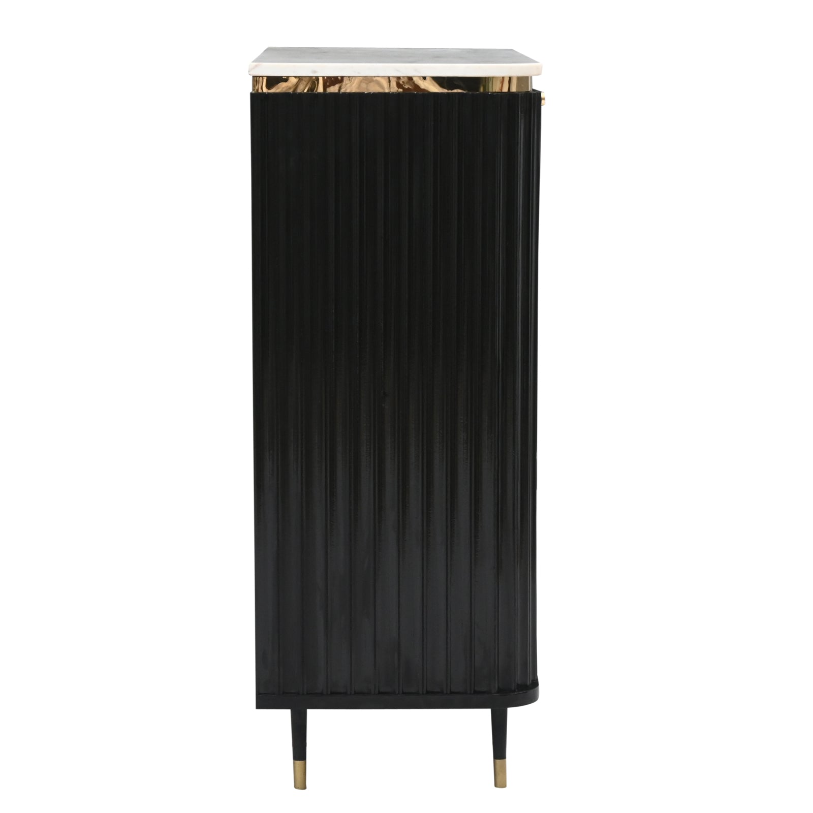 "Modern Black Fluted Cabinet with Marble  Top and Gold Accents"