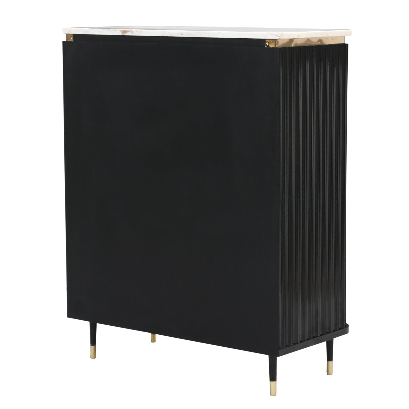 "Modern Black Fluted Cabinet with Marble  Top and Gold Accents"