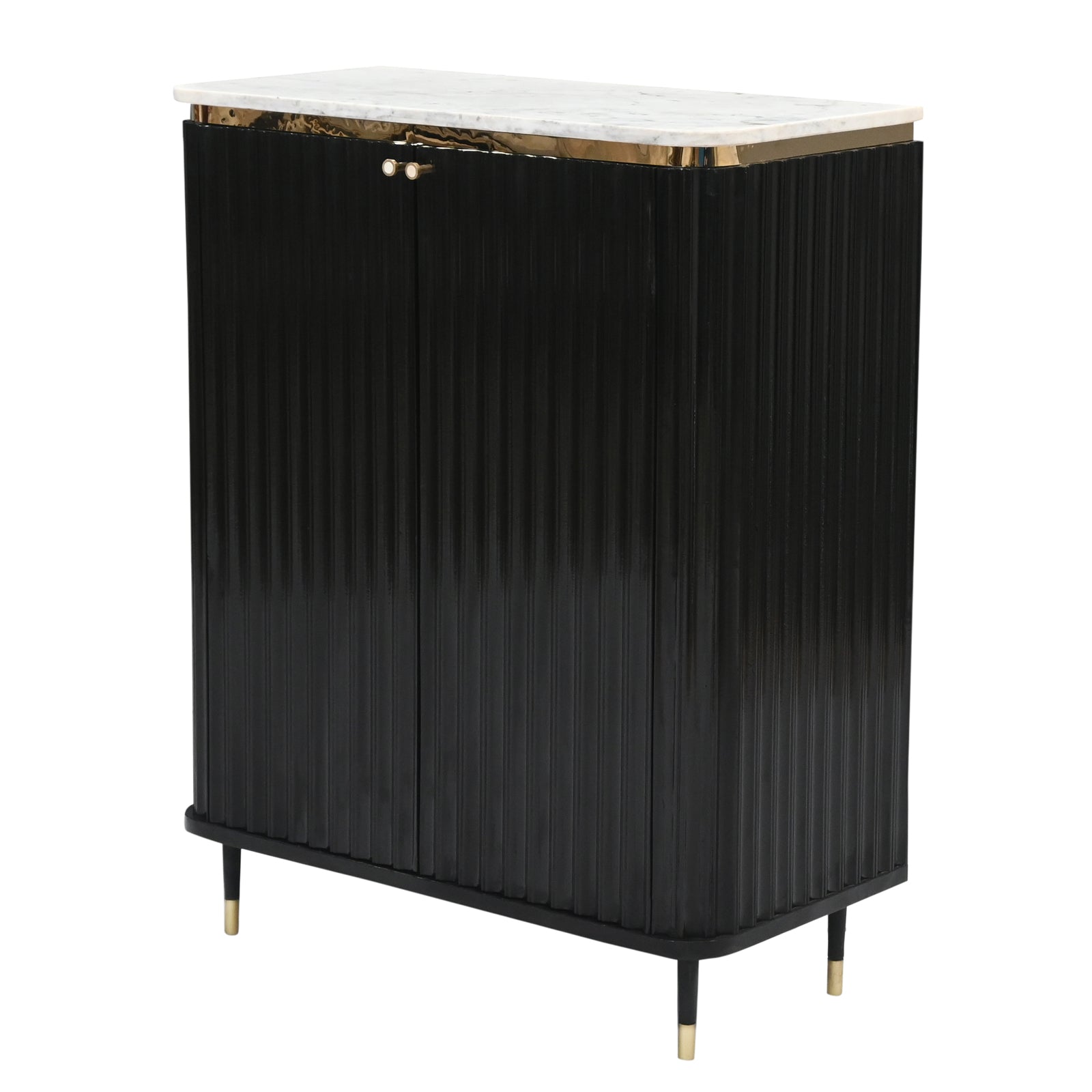 "Modern Black Fluted Cabinet with Marble  Top and Gold Accents"