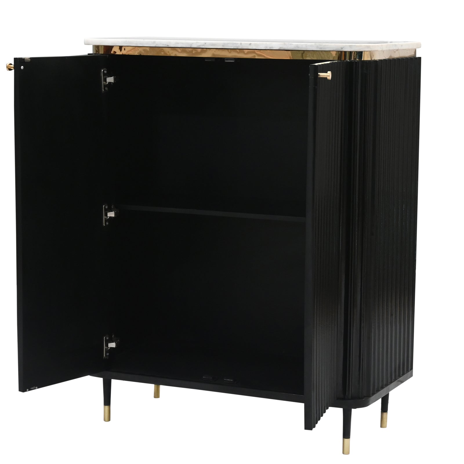 "Modern Black Fluted Cabinet with Marble  Top and Gold Accents"