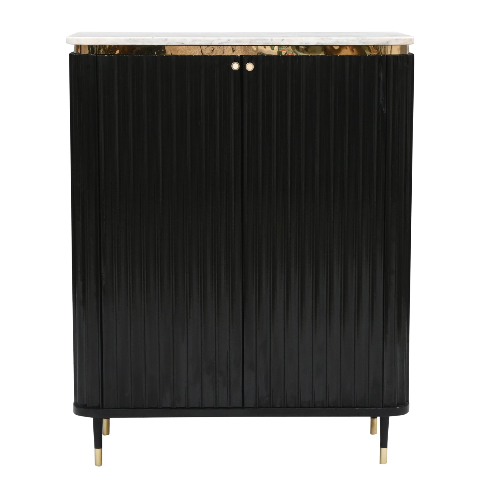 "Modern Black Fluted Cabinet with Marble  Top and Gold Accents"