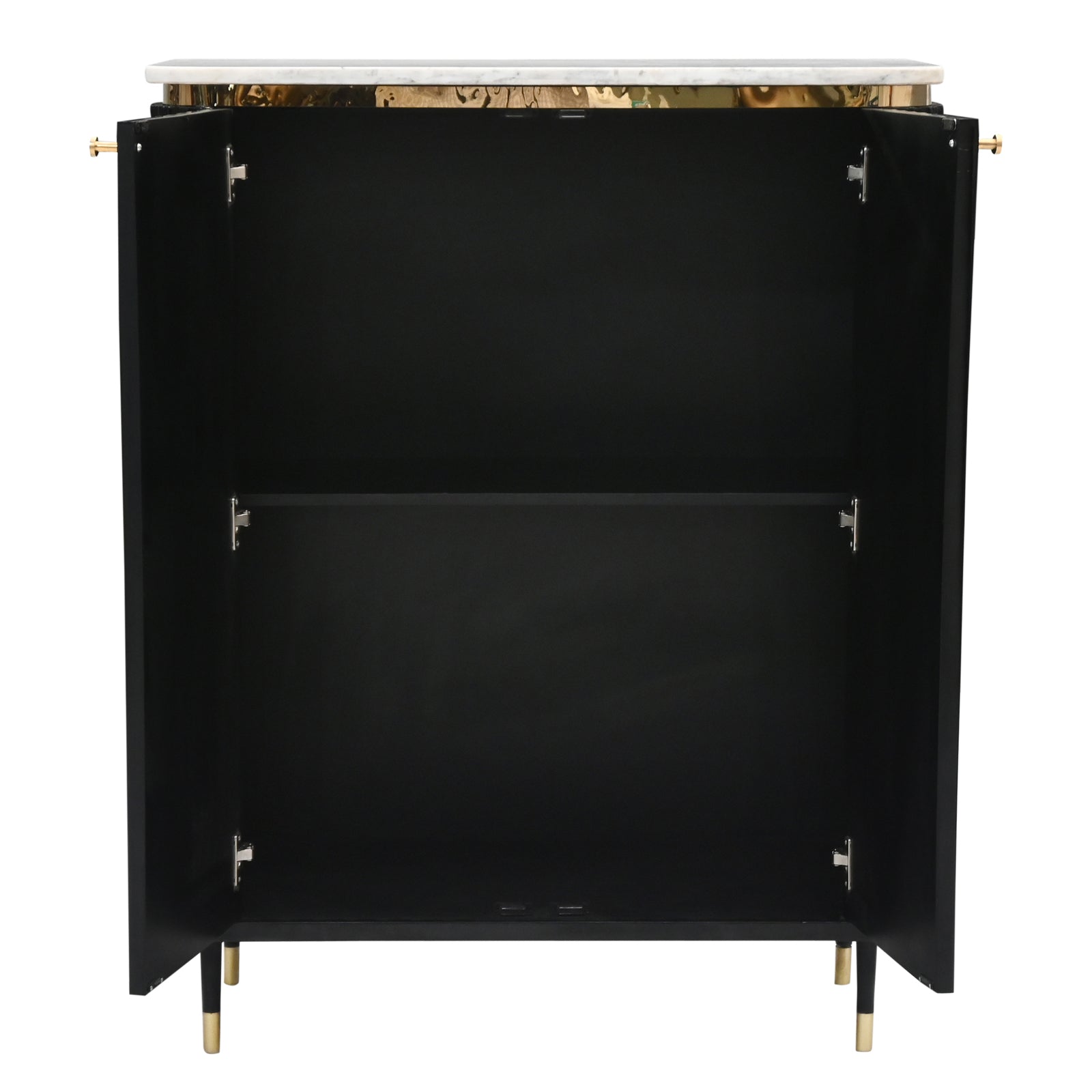 "Modern Black Fluted Cabinet with Marble  Top and Gold Accents"