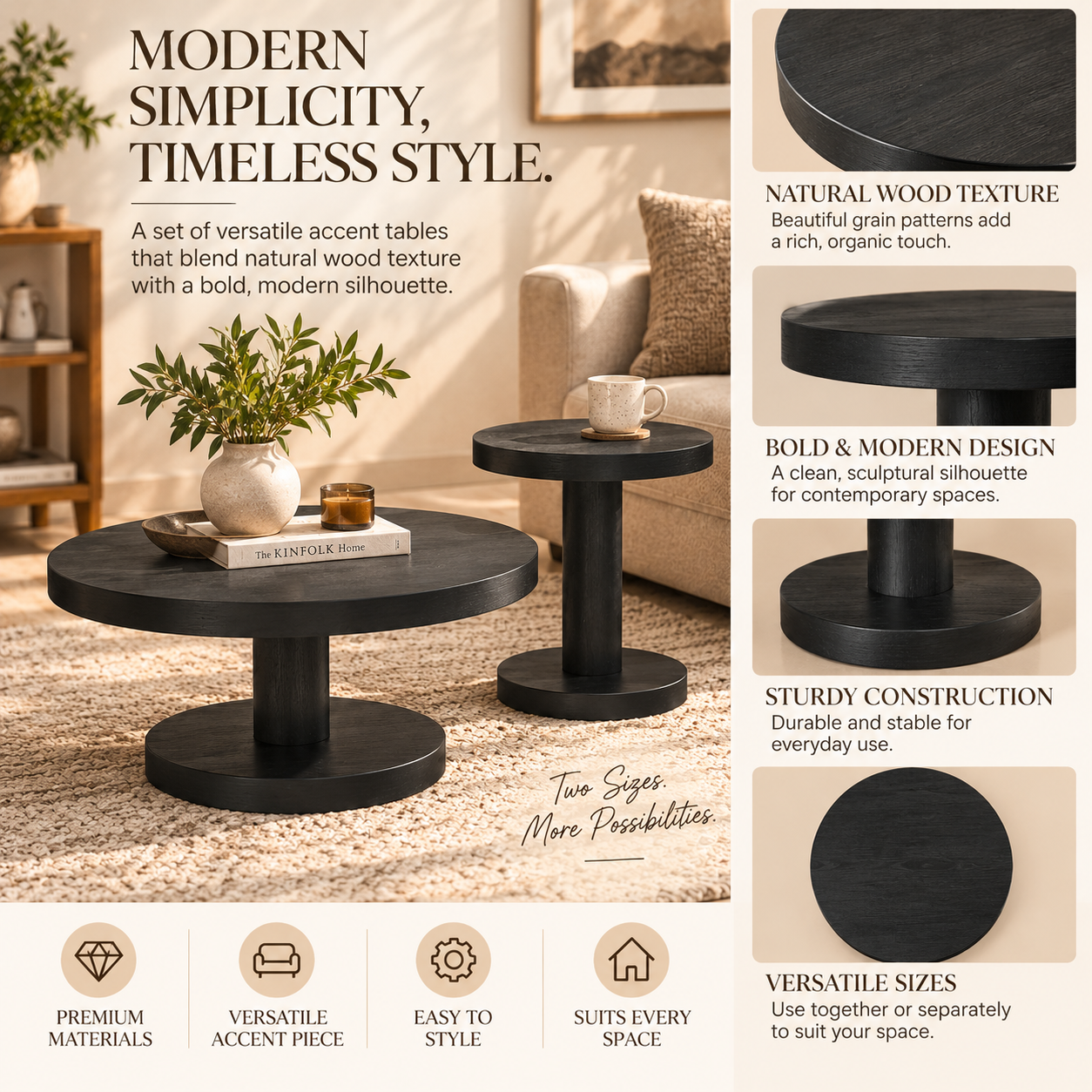 Wooden Side Table Set of 2 – Round Mango Wood Pedestal | Furniba