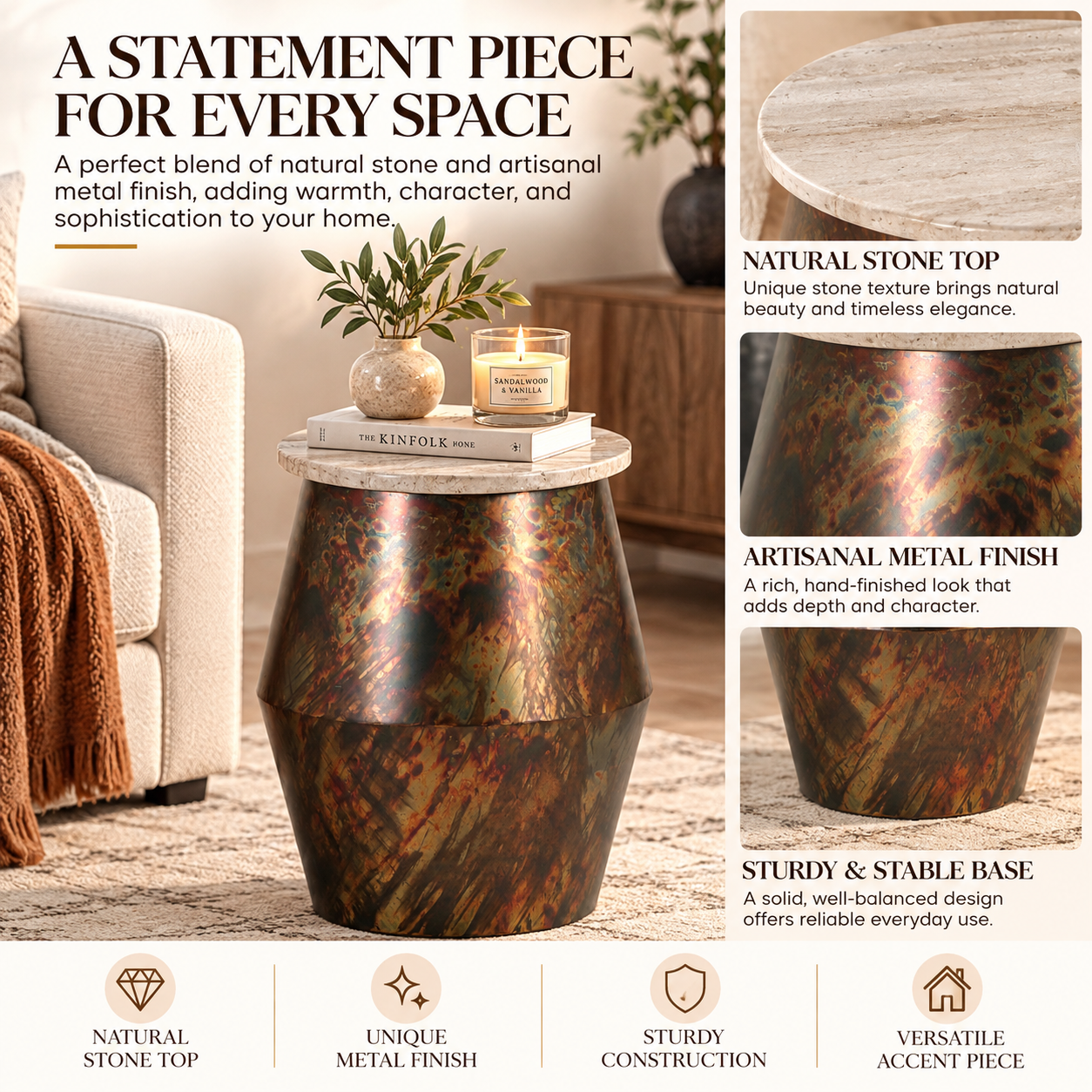 Chitkabra Drum Marble Top Side Table – feature overview
