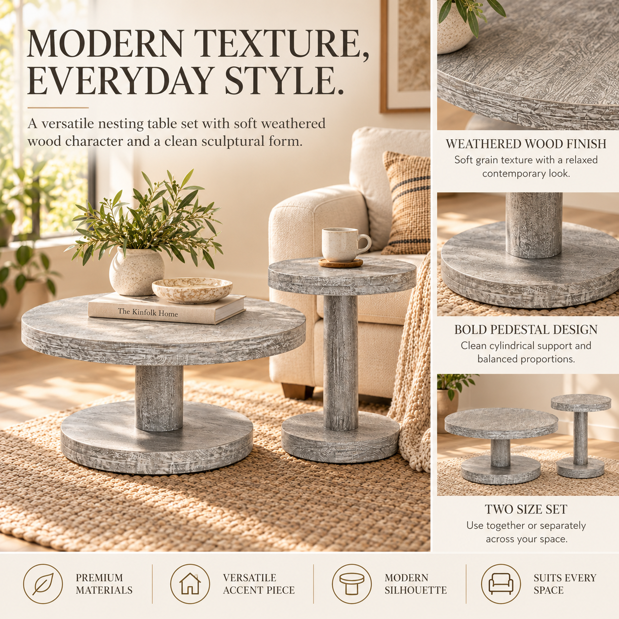 Wooden Side Table Set of 2 – Round Mango Wood Pedestal | Furniba