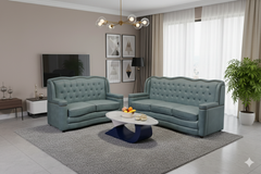 "Luxury Teal Blue Tufted Leather Sofa  Set with Nailhead Trim"
