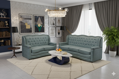 "Luxury Teal Blue Tufted Leather Sofa  Set with Nailhead Trim"