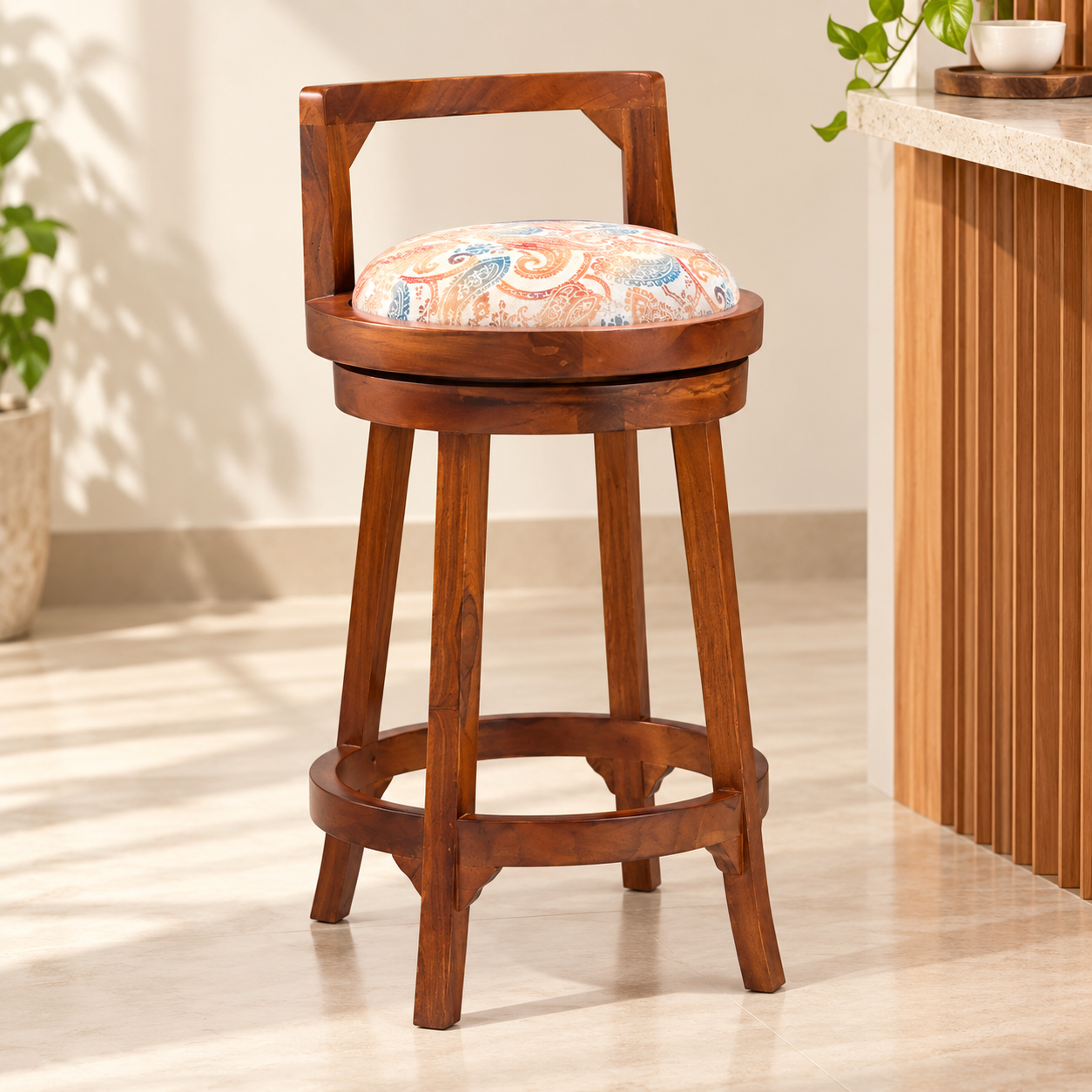 Wooden Bar Chair with Cushioned Seat & Footrest
