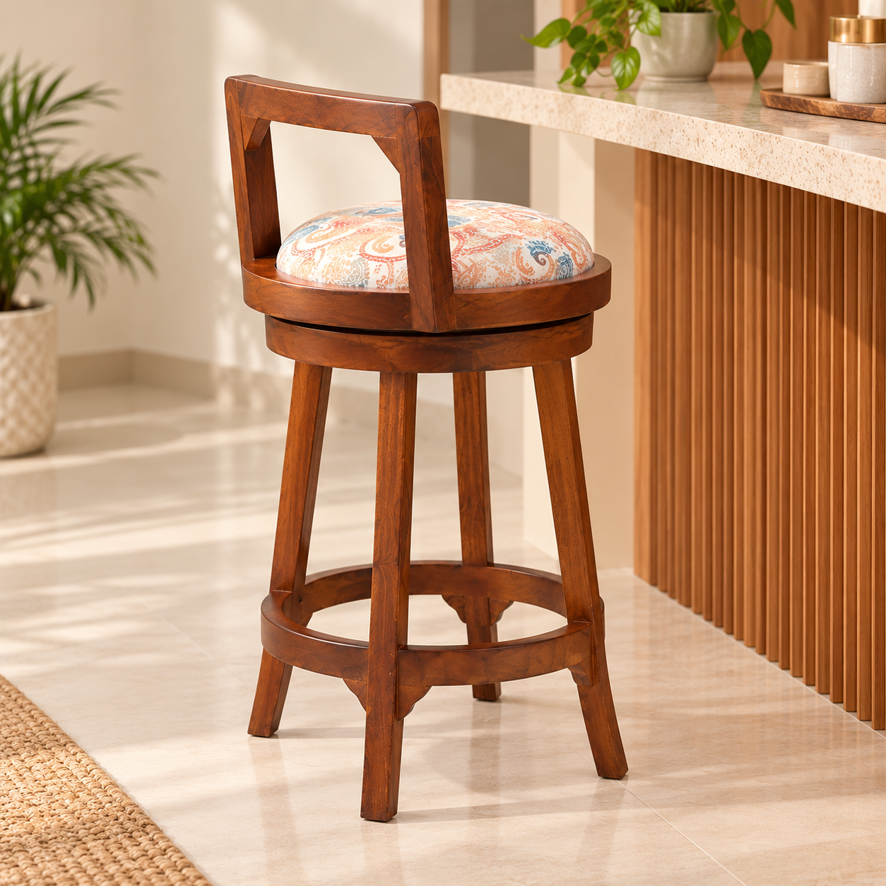 Wooden Bar Chair with Cushioned Seat & Footrest