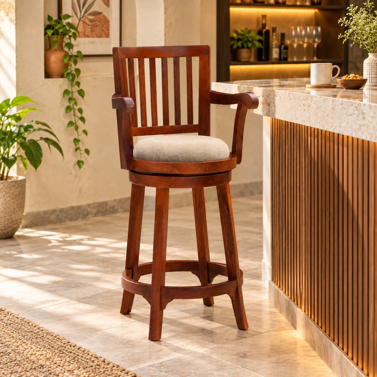 Wooden Bar Stool with Arms & Upholstered Seat – Brown