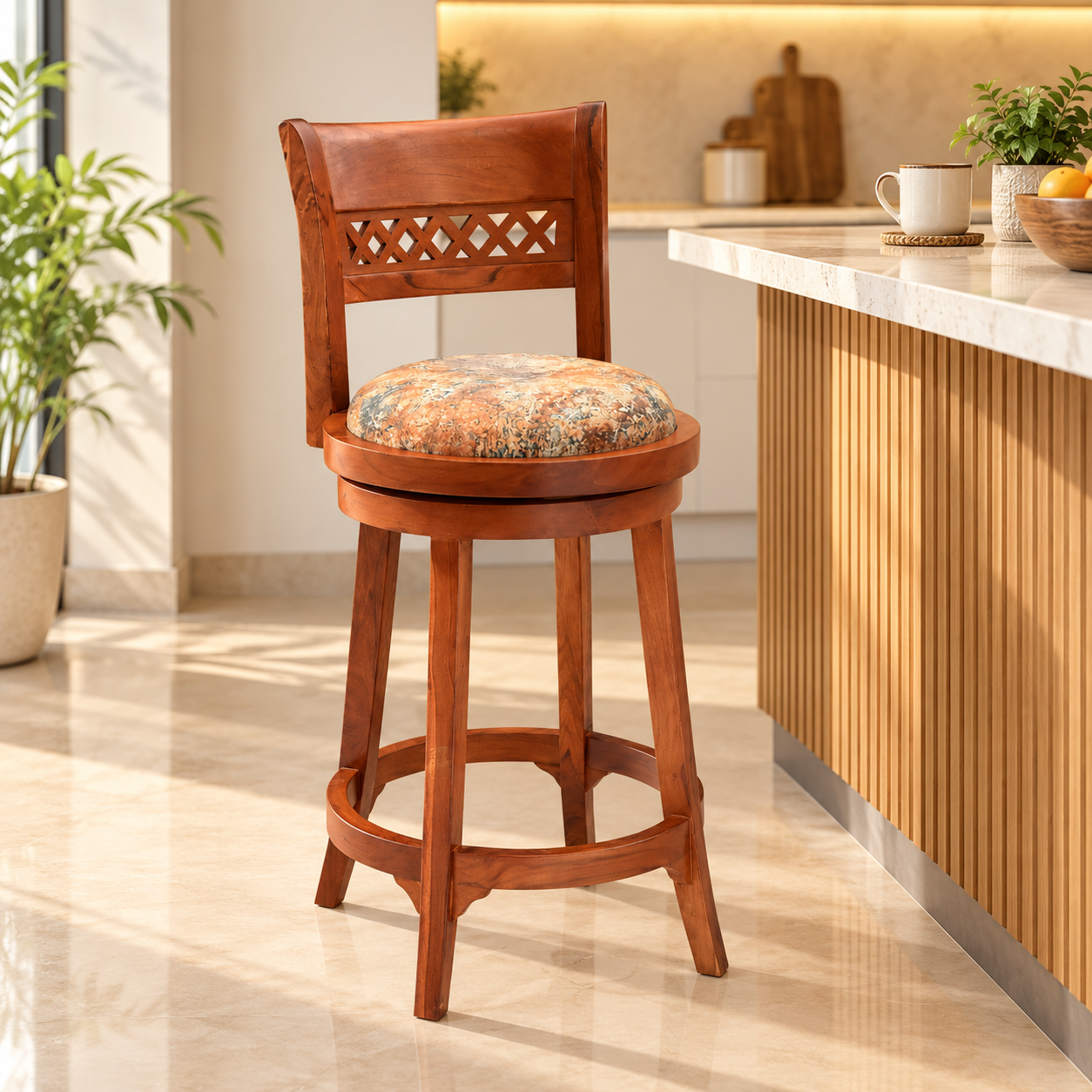 Wooden Bar Stool with Upholstered Seat & Backrest – Honey & Walnut