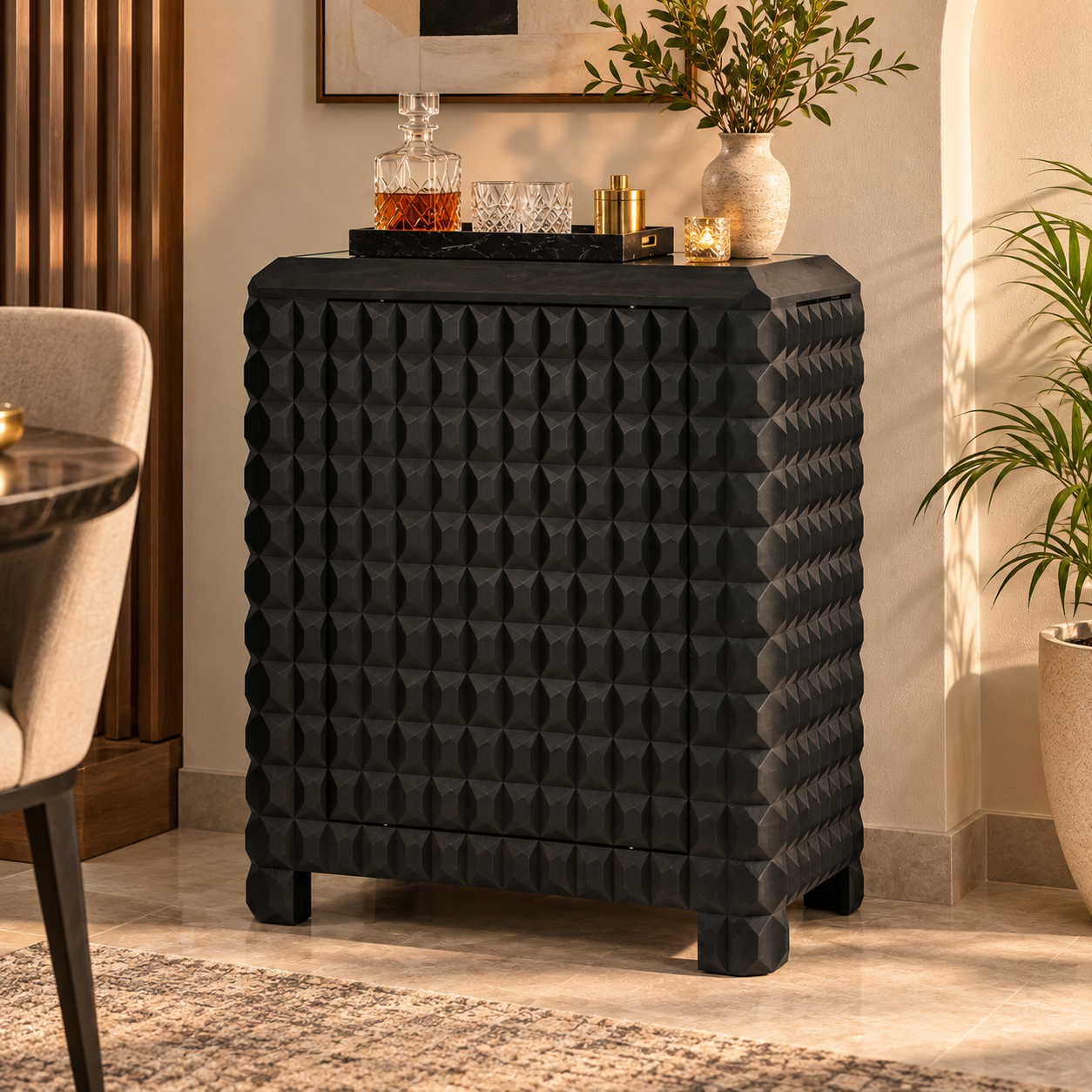Wooden Bar Cabinet with 3D Diamond Carved Doors | Furniba
