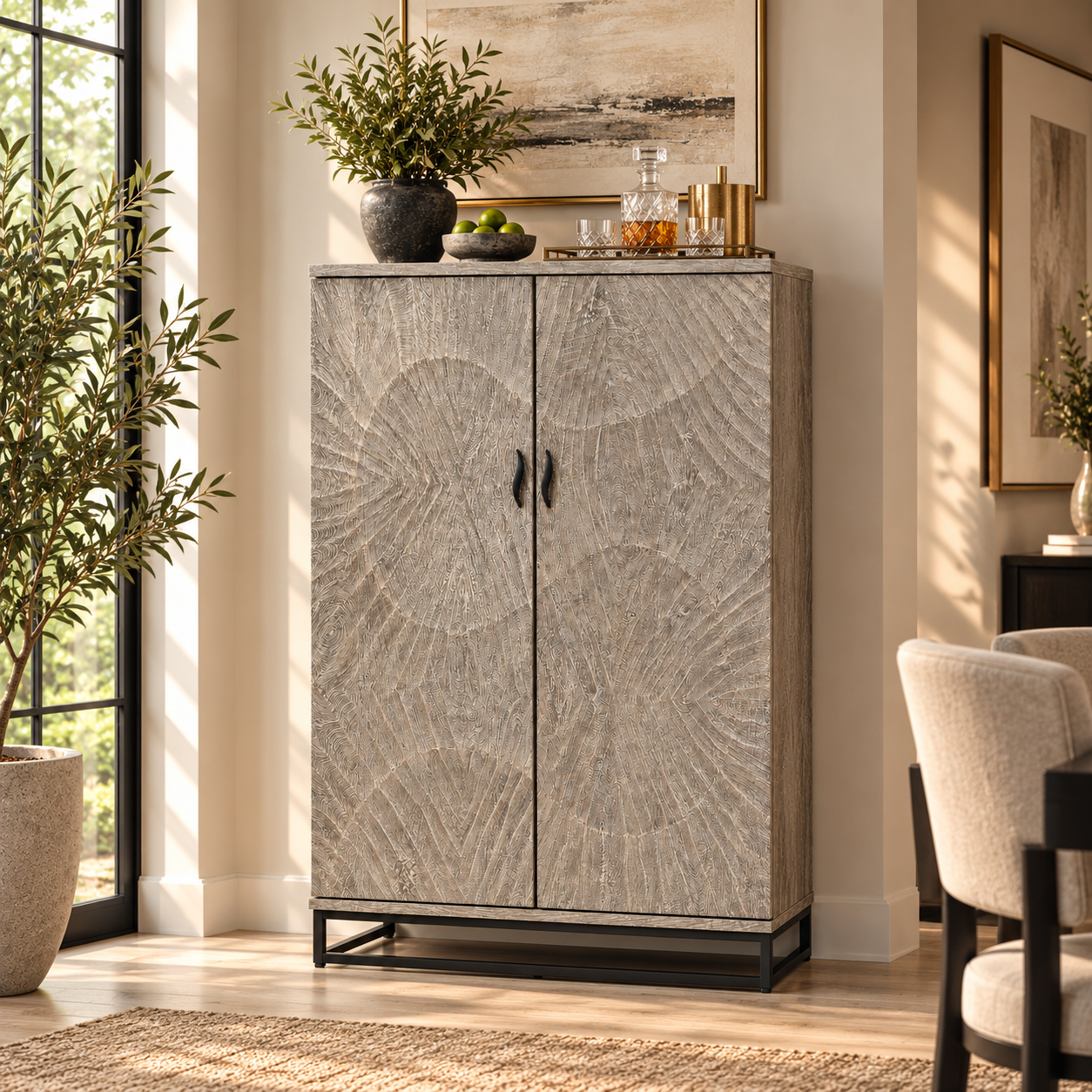 Bar Cabinet with Wine Rack, Carved Wooden Doors & LED | Furniba
