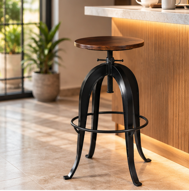 Industrial Adjustable Bar Stool with Wooden Seat – Brown | Furniba