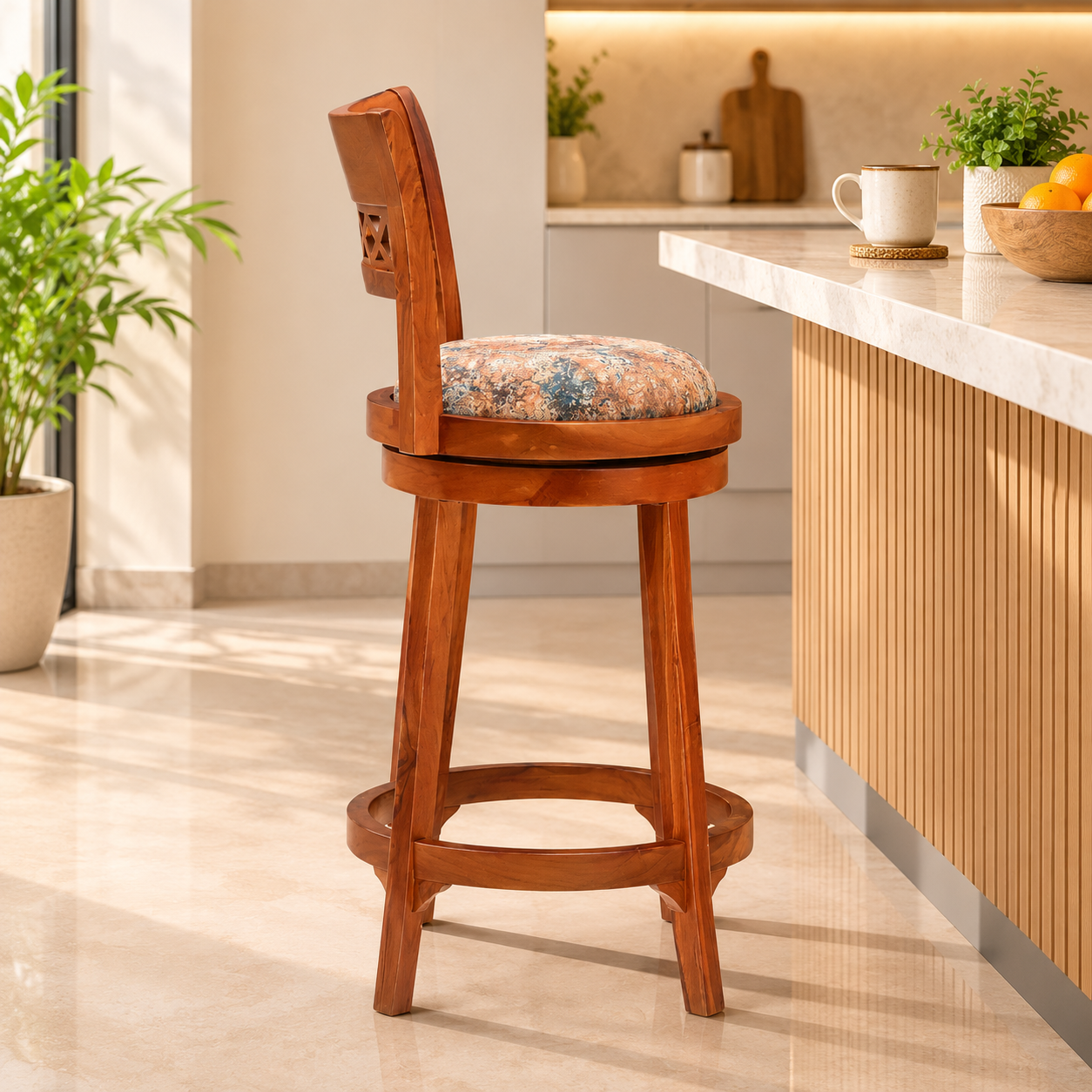 Wooden Bar Stool with Upholstered Seat & Backrest – Honey & Walnut