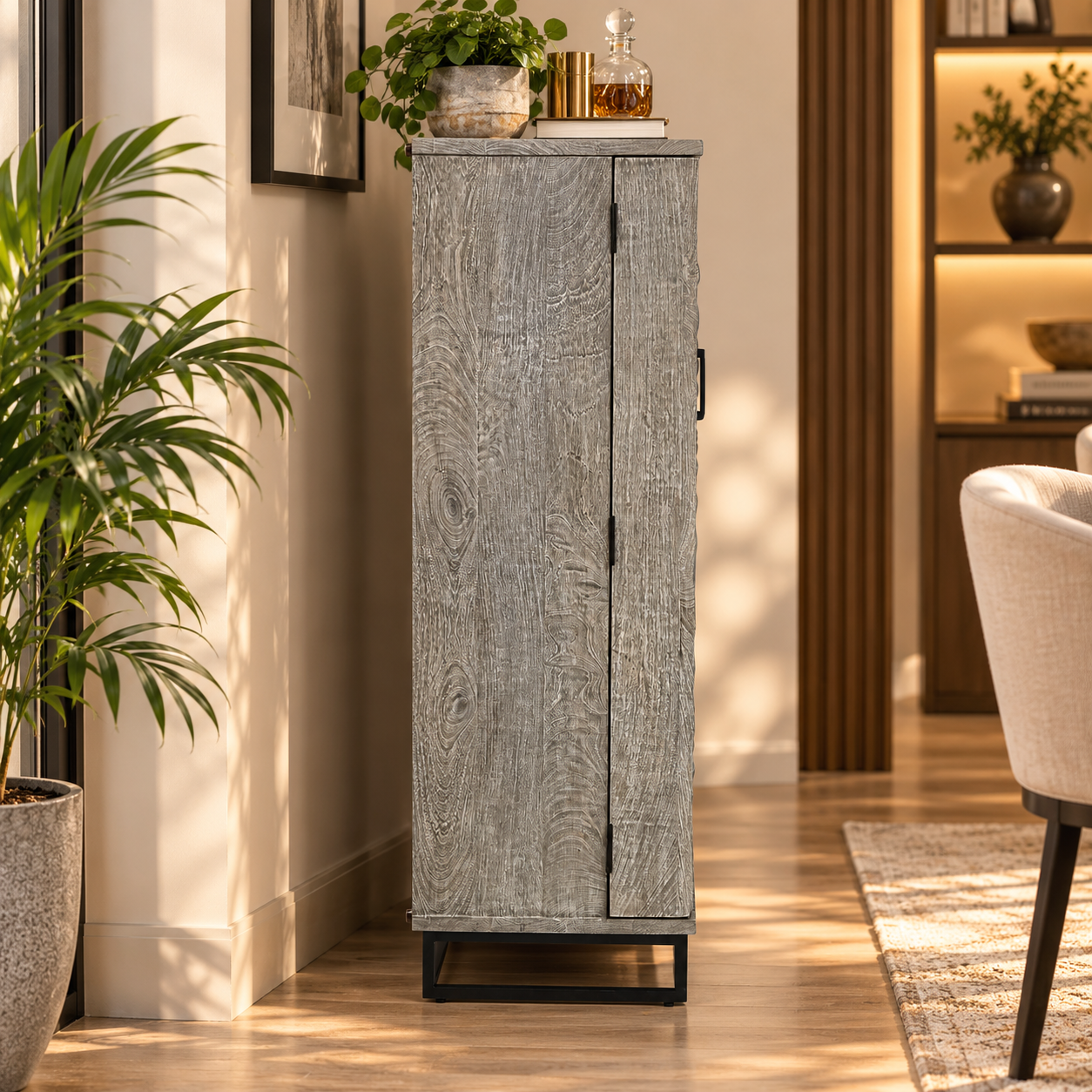 Bar Cabinet with Wine Rack, Carved Wooden Doors & LED | Furniba