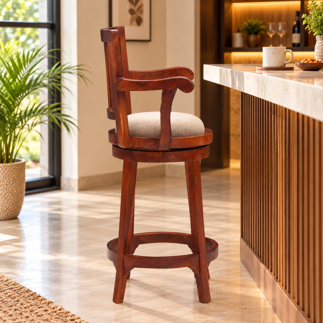 Wooden Bar Stool with Arms & Upholstered Seat – Brown