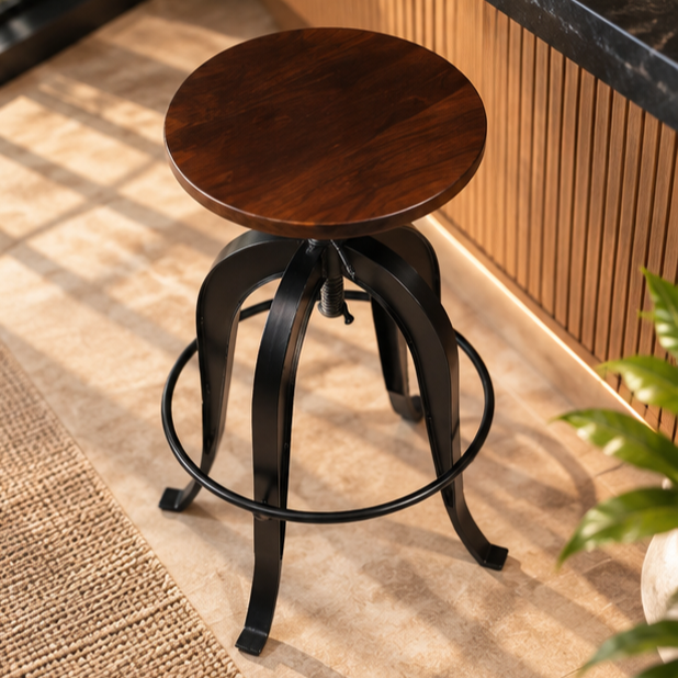 Industrial Adjustable Bar Stool with Wooden Seat – Brown | Furniba