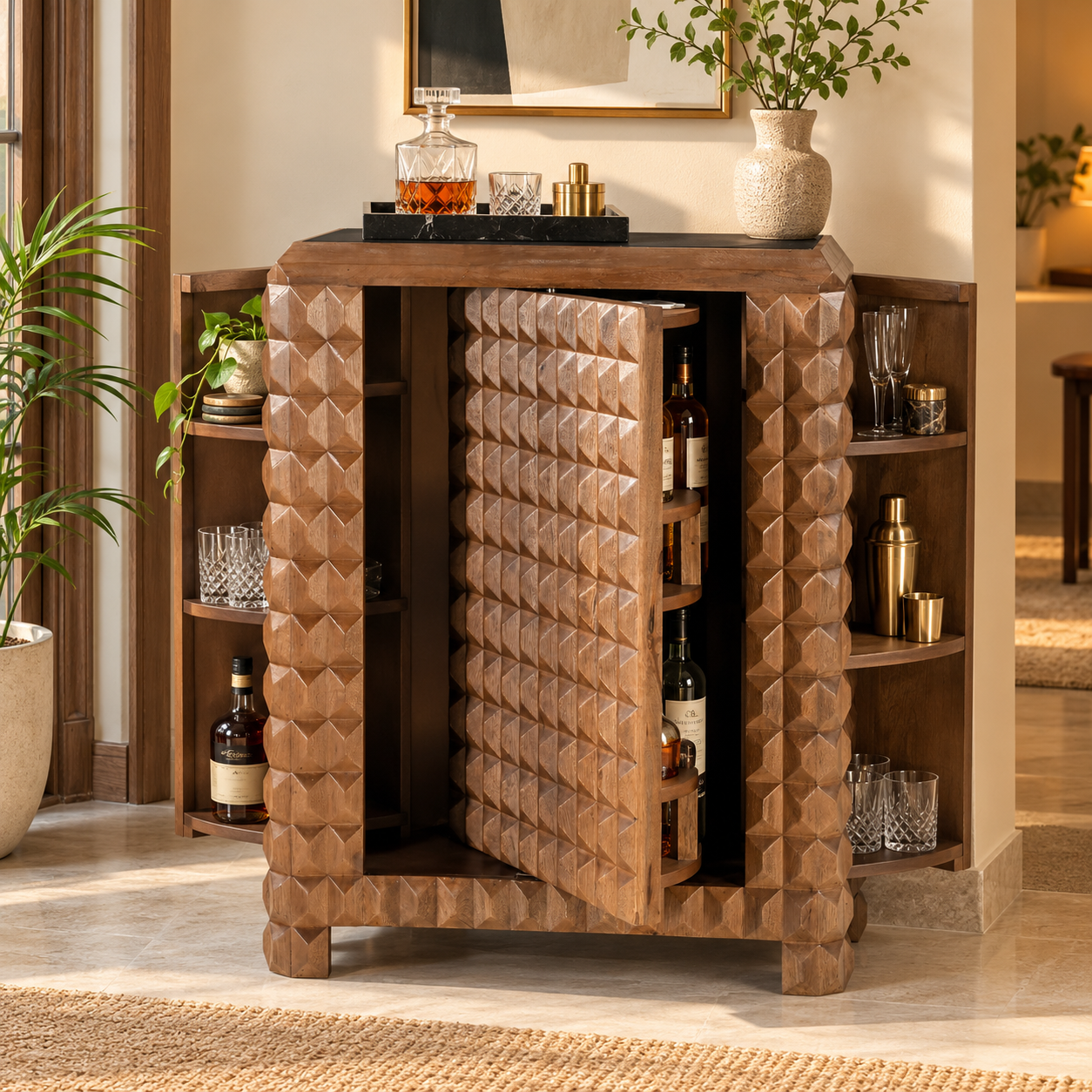 Wooden Bar Cabinet with 3D Diamond Carved Doors | Furniba