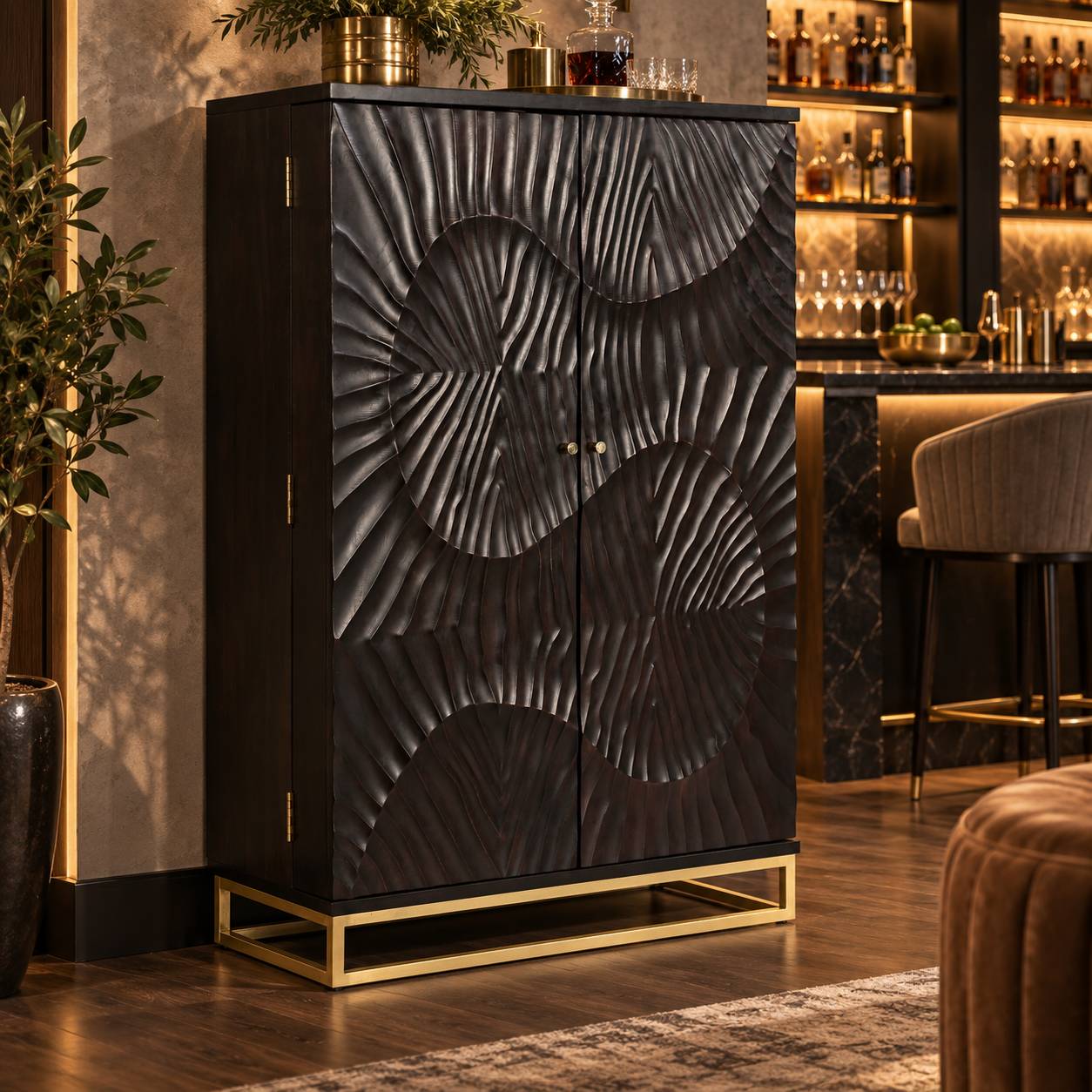 Bar Cabinet with Wine Rack, Carved Wooden Doors & LED | Furniba