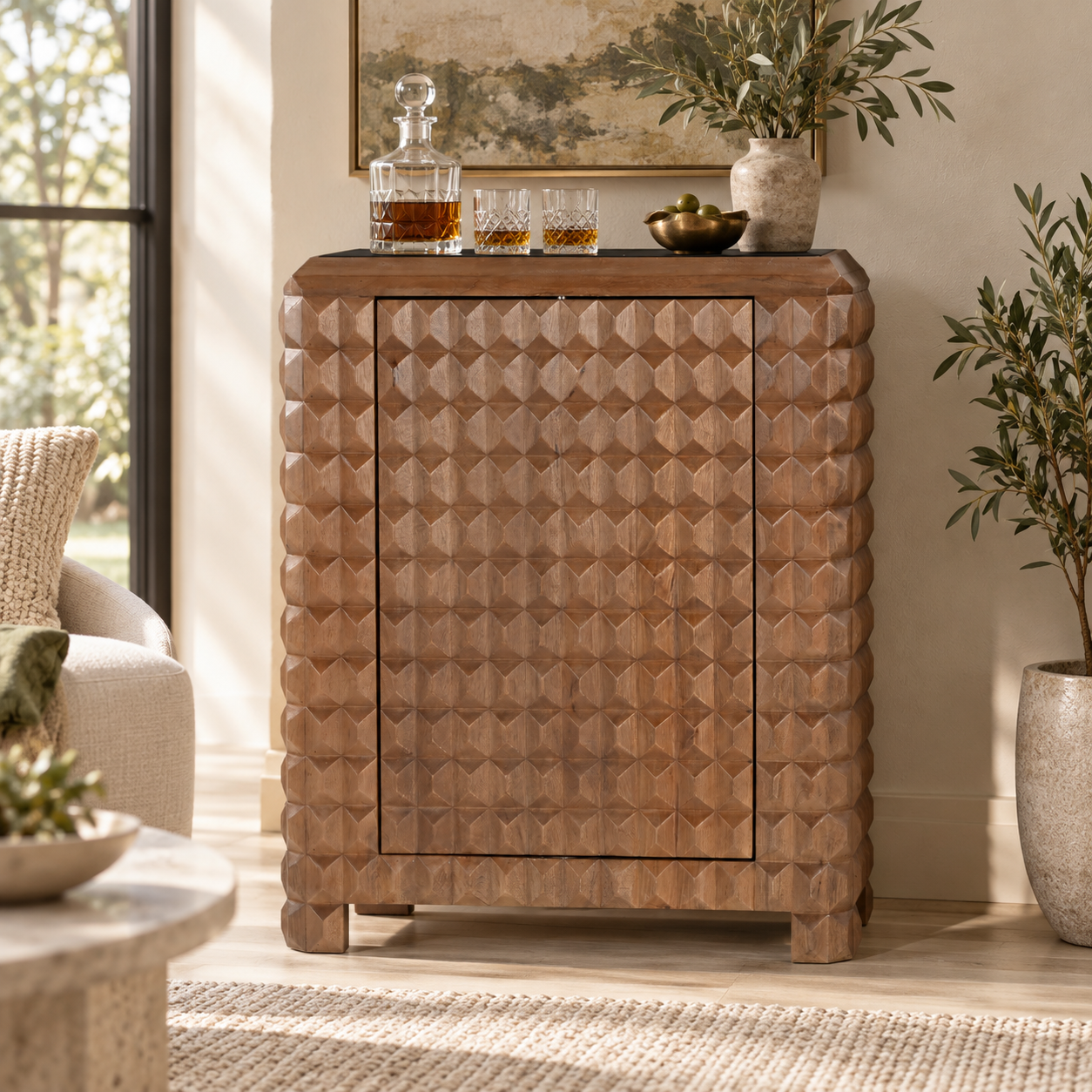 Wooden Bar Cabinet with 3D Diamond Carved Doors | Furniba
