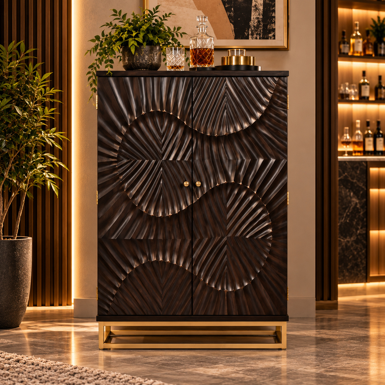 Bar Cabinet with Wine Rack, Carved Wooden Doors & LED | Furniba
