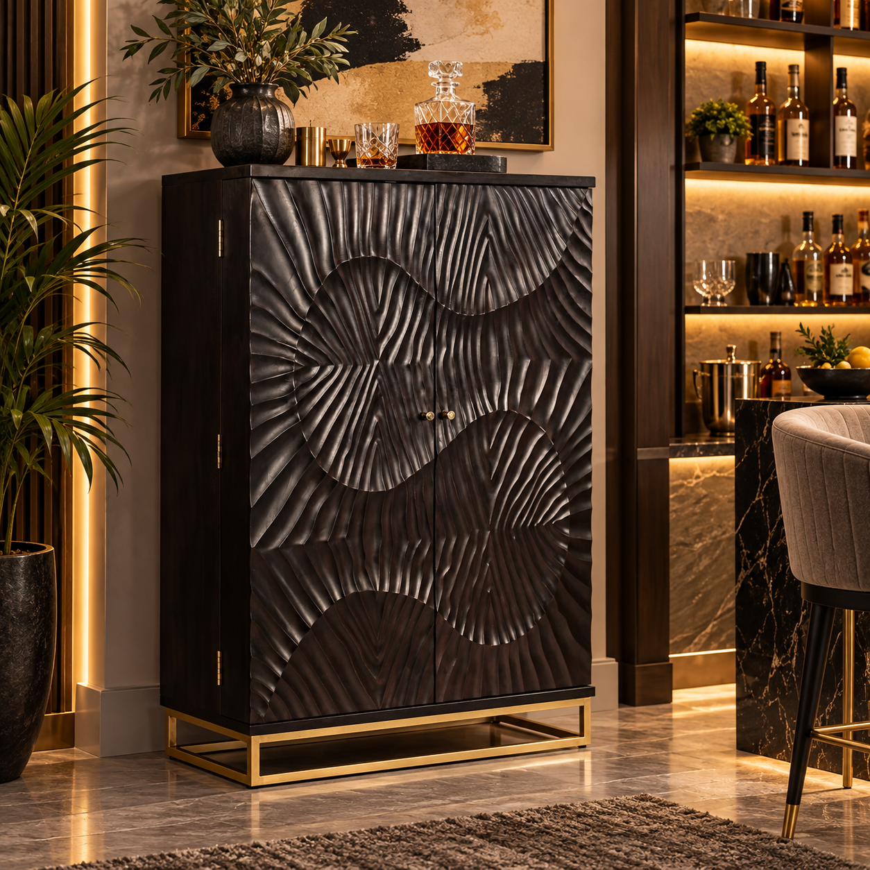 Bar Cabinet with Wine Rack, Carved Wooden Doors & LED | Furniba