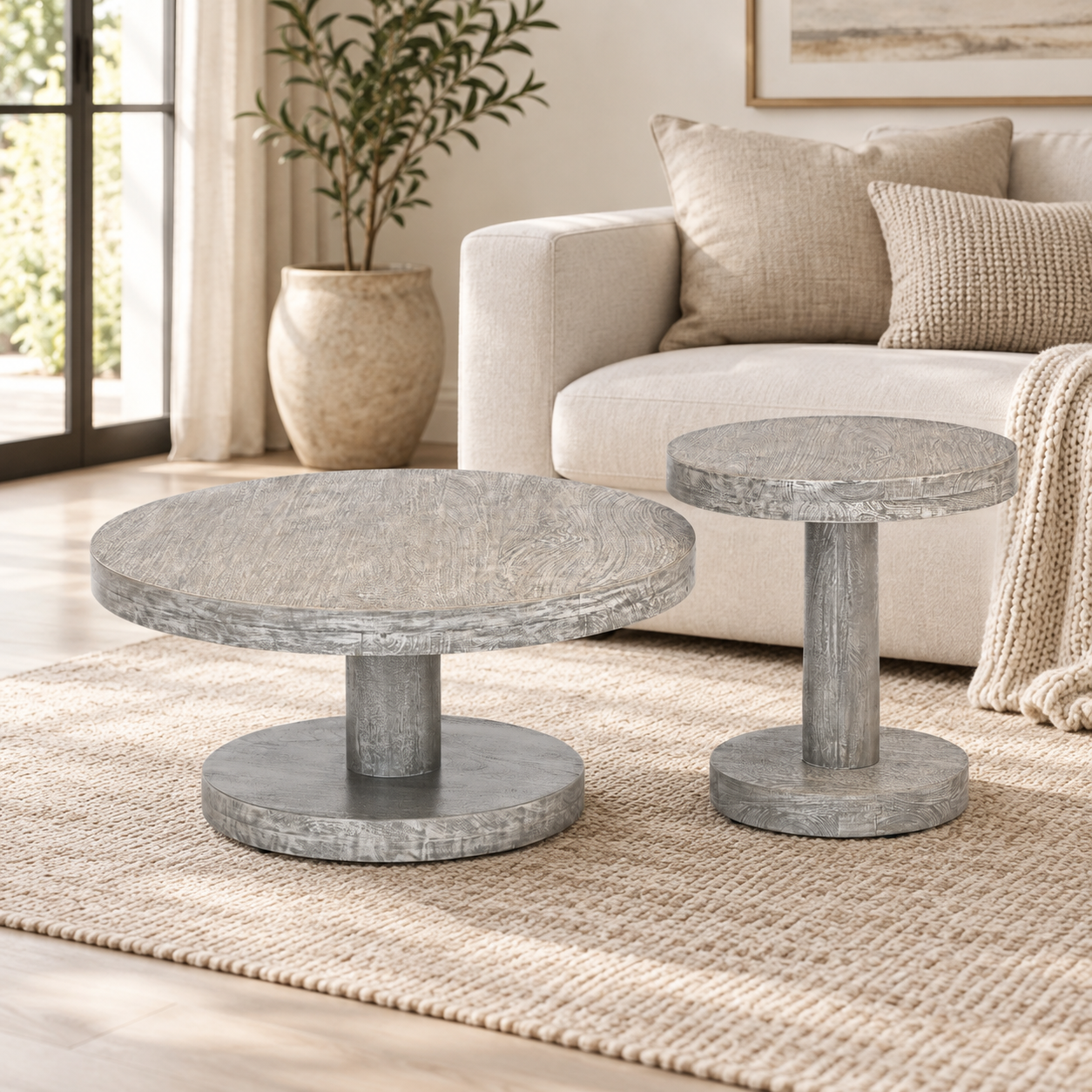 Wooden Side Table Set of 2 – Round Mango Wood Pedestal | Furniba