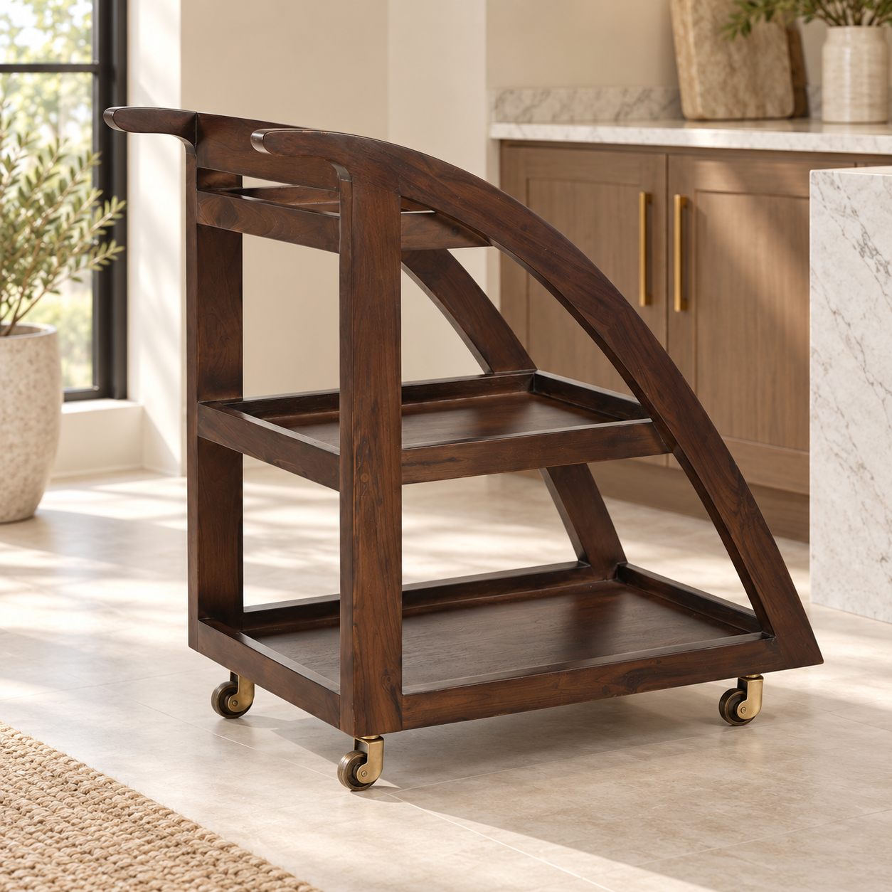 Wooden Serving Trolley – Curved Frame & Stepped Trays | Furniba