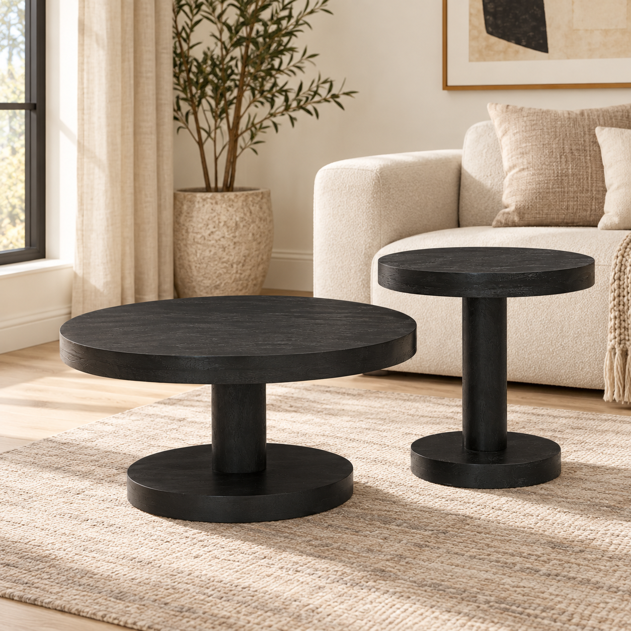 Wooden Side Table Set of 2 – Round Mango Wood Pedestal | Furniba