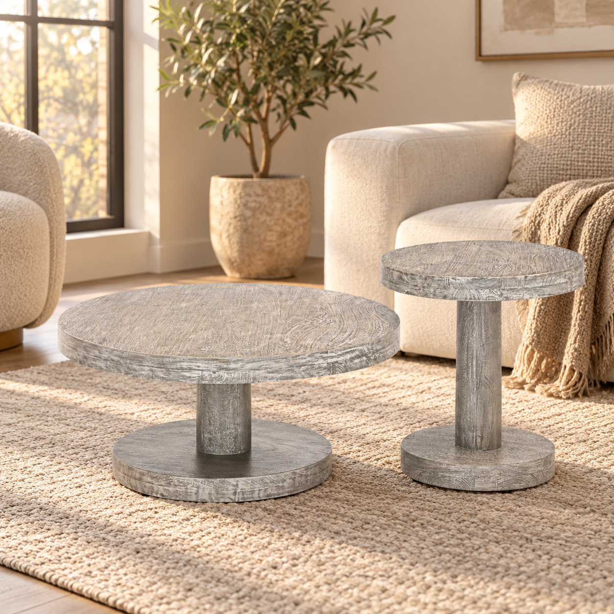 Wooden Side Table Set of 2 – Round Mango Wood Pedestal | Furniba