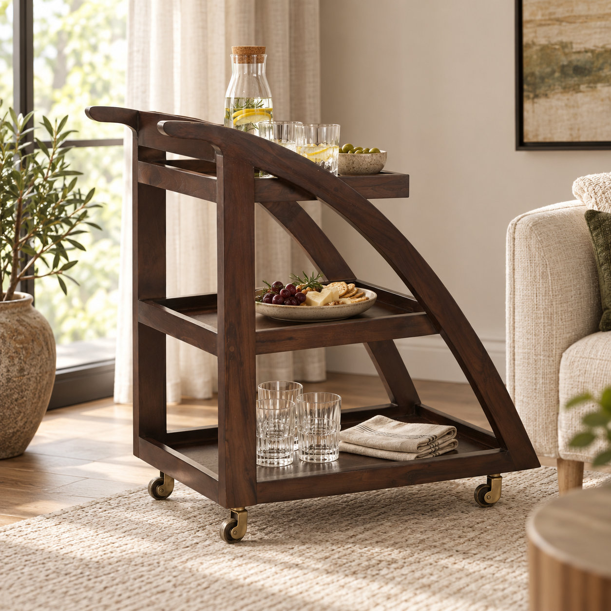 Wooden Serving Trolley – Curved Frame & Stepped Trays | Furniba