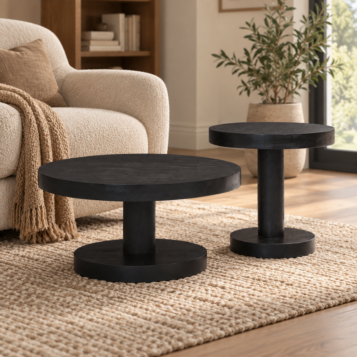 Wooden Side Table Set of 2 – Round Mango Wood Pedestal | Furniba